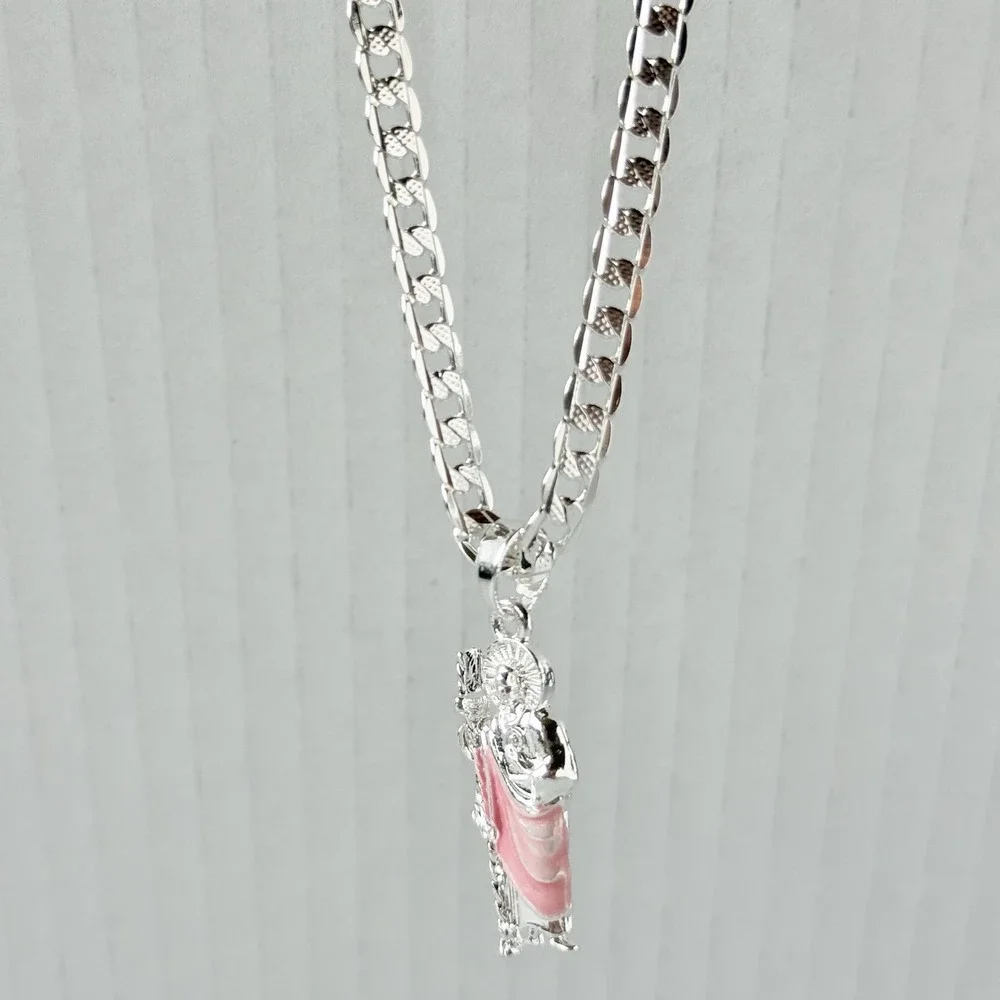 St Jude Pendant Pink Mantle Silver Plated -chain 20